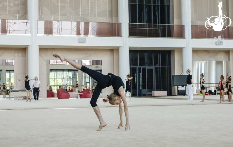 Young gymnast working on an element during training