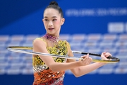 Gymnast during an exercise with a hoop