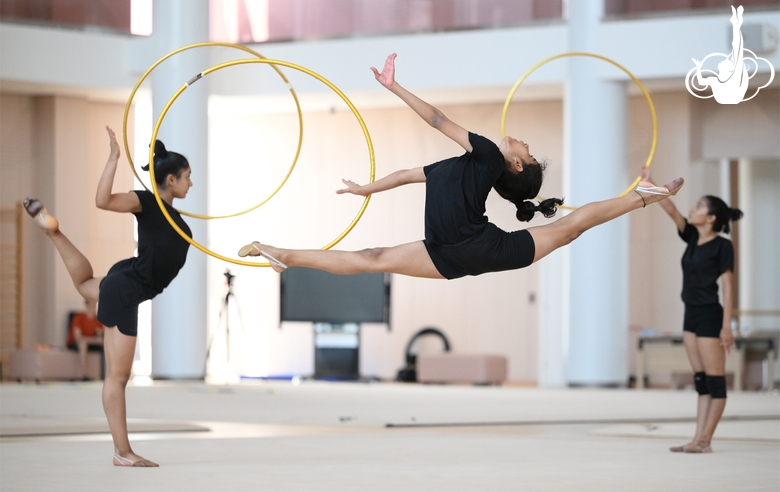 Gymnast Kimaya Karle, Aryaa and Avani Nitesh Kadam during training at the Academy