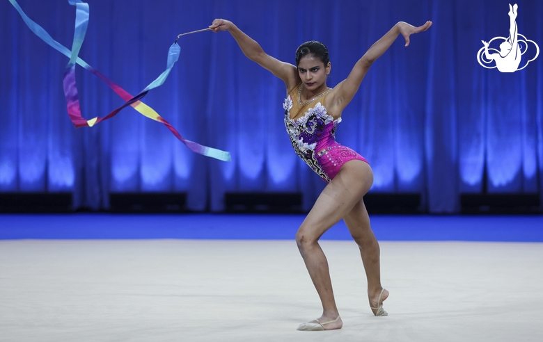 Sanyukta Kale during an exercise with a ribbon