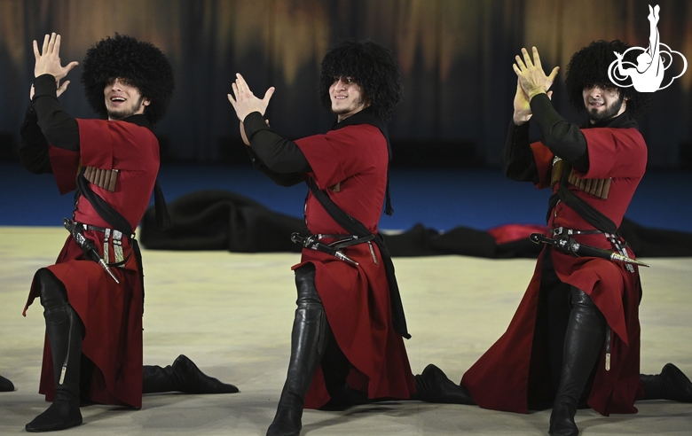 Traditional Caucasian dance in the Horseback riders performers at a gala concert