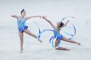 Group exercise gymnasts during the ribbon exercise