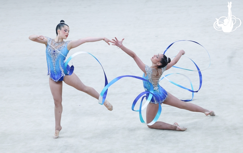 Group exercise gymnasts during the ribbon exercise