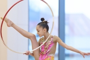 Valeria Medvedeva during an exercise with a hoop at a control training session