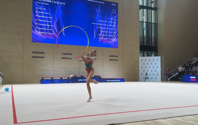 Karolina Pakhtusova performs with a hoop the interregional Sky Grace Cup tournament