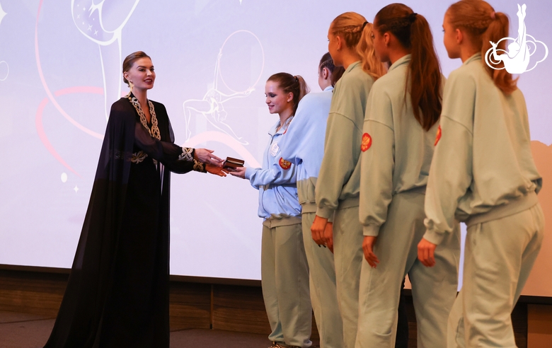 Olympic champion Alina Kabaeva after the awards ceremony of the international Sky Grace Cup tournament in Doha