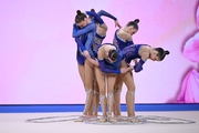 Group team gymnasts from the Russian National Team during the hoops routine
