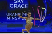 Karolina Tarasova during an exercise with a ribbon