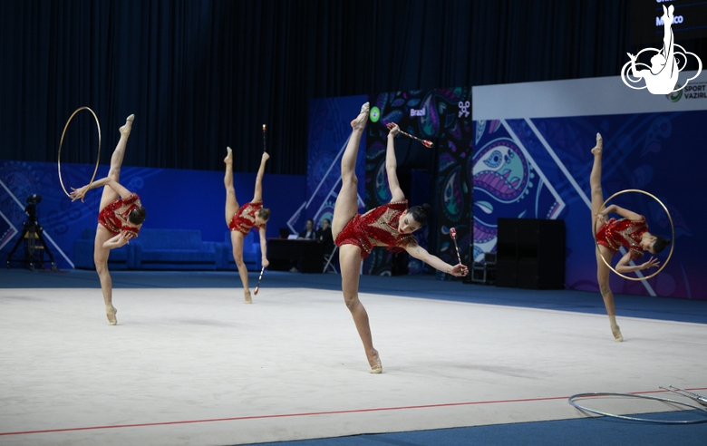 Team Brazil during an exercise with hoops and clubs