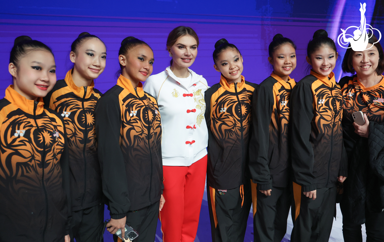 November 17, 2025. Olympic champion Alina Kabaeva with gymnasts and a coach from Malaysia at the Sky Grace Cup International Tournament and Beijing Top Open 2025