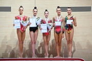 Arina Gvozdetskaya, Mariia Borisova, Polina Frolova, Victoria Bespalova and Vladislava Nikolaenko during the awards ceremony