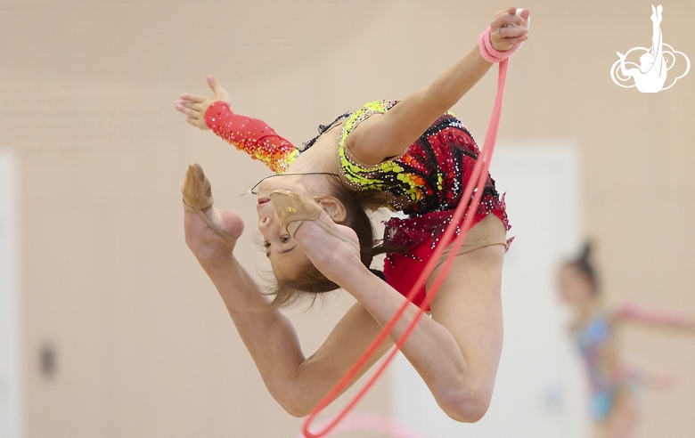 Sabina Samatova during an exercise with a jump rope during a control training session