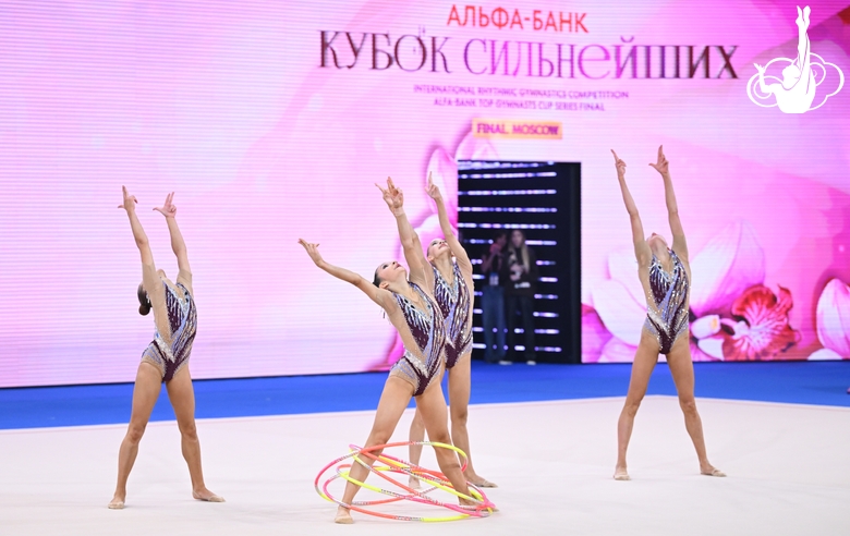 Group team gymnasts from the Republic of Tatarstan during the hoop routine
