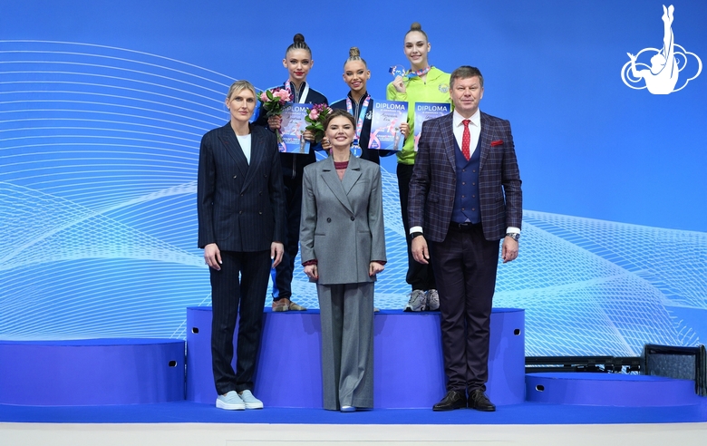 March 15, 2026. Olympic champion Alina Kabaeva, TV presenter Dmitry Guberniev, and two-time Olympic bronze medalist in basketball Natalia Vodopyanova with the medalists of the Alina Kabaeva Grand Prix Champions Cup all-around
