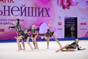 Group team gymnasts from the Nizhny Novgorod region during their clubs routine