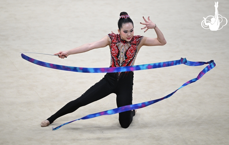 A gymnast during the ribbon exercise