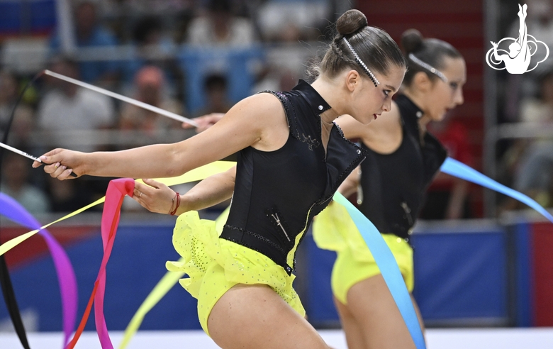 Gymnasts during an exercise with ribbons