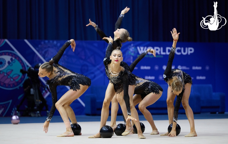 Group gymnasts during an exercise with balls