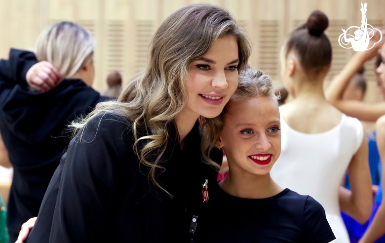 Olympic champion Alina Kabaeva with a gymnast at the Sky Grace Grand Prix tournament