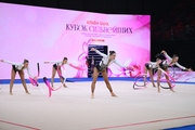 Group team gymnasts from the Nizhegorodsky Region during an exercise with ribbons