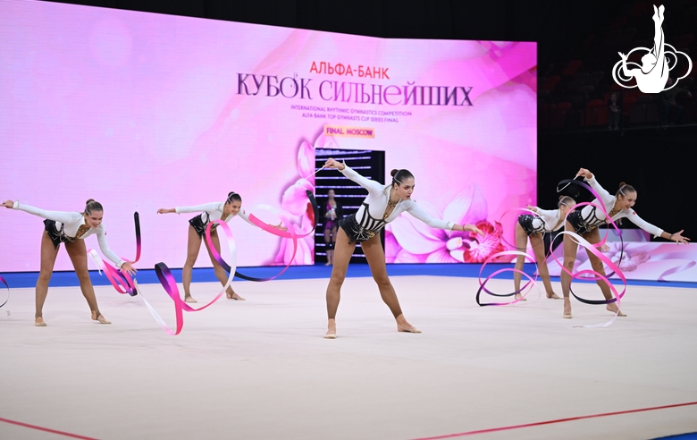 Group team gymnasts from the Nizhegorodsky Region during an exercise with ribbons