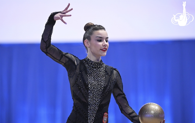 Angela Mazibrada during an exercise with a ball