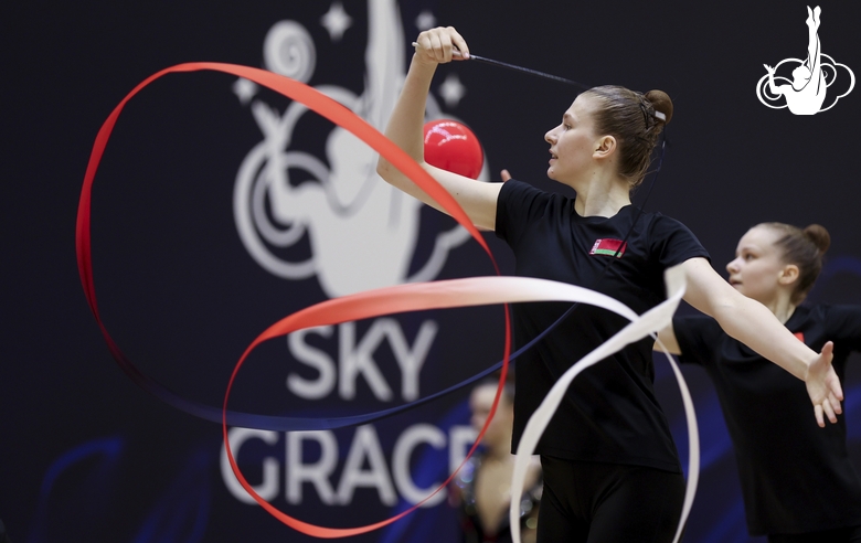 Gymnast during an exercise with a ribbon at floor testing