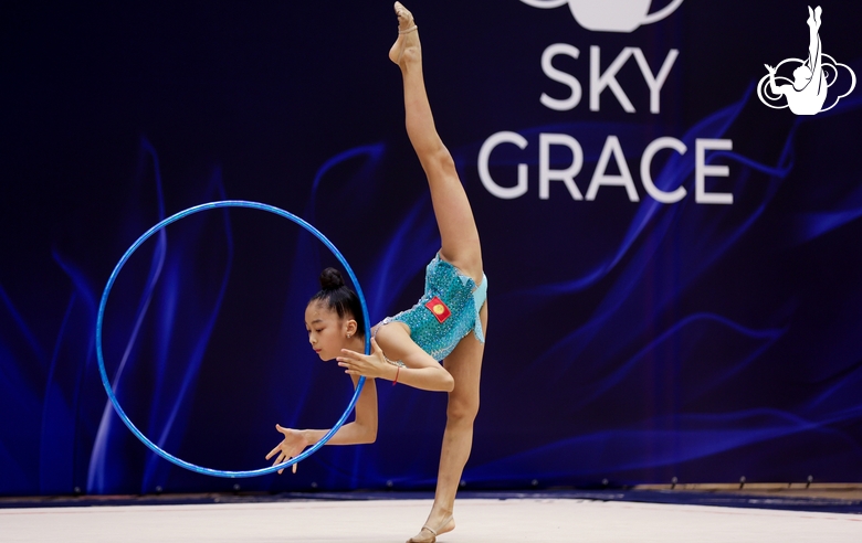 Gymnast during an exercise with a hoop