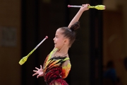 Sabina Samatova during an exercise with clubs at a control training session