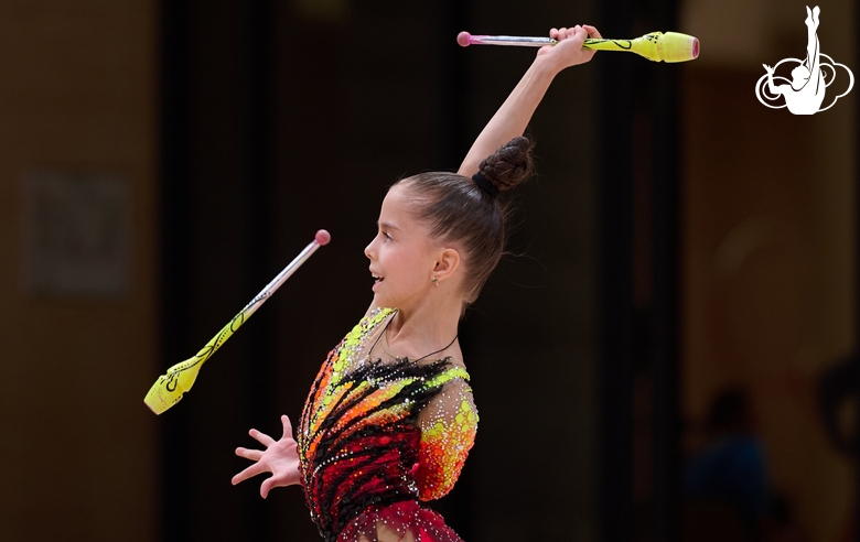 Sabina Samatova during an exercise with clubs at a control training session