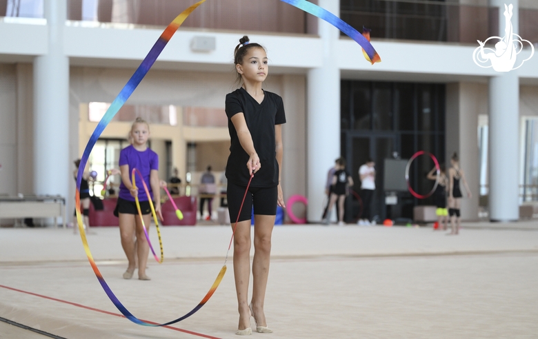 A gymnast during the ribbon exercise