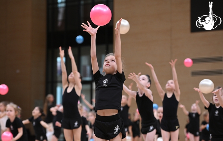 Young gymnasts during rehearsal of the competition opening