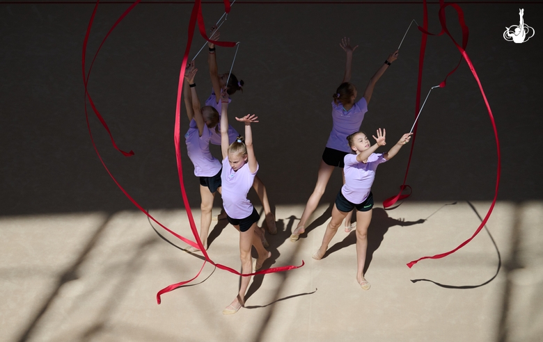 Group team gymnasts during a class with the honored coach of Russia Veronika Shatkova
