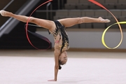 Ksenia Savinova during an exercise with a ribbon during a control training session