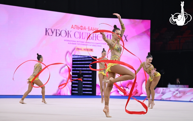 Sirius group team gymnasts students during an exercise with ribbons