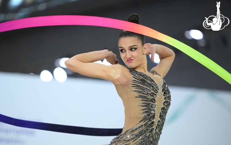 Arina Tkachuk during exercise with ribbon