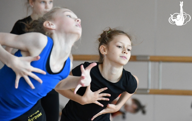 Gymnasts during class at the Academy choreography hall