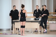 Academy coach Evgeniy Eliseeva, Dina and Arina Averina with Sabina Samatova during training