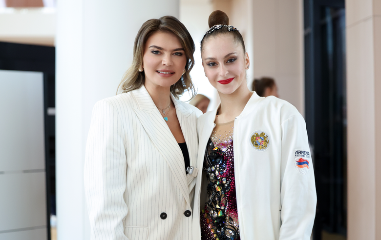 June 19, 2025. Olympic champion Alina Kabaeva and gymnast Silva Sargsyan at a stage of the Cup of the Strongest at the Academy