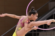 Karolina Tarasova during an exercise with a hoop at a control training session