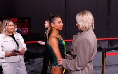 The reaction of the Russian national team Head coach Tatyana Sergaeva and Alina festival choreographer Irina Zenovka after the performance of Karolina Tarasova with hoop