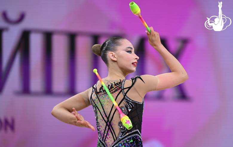 Vladislava Sharonova during an exercise with clubs