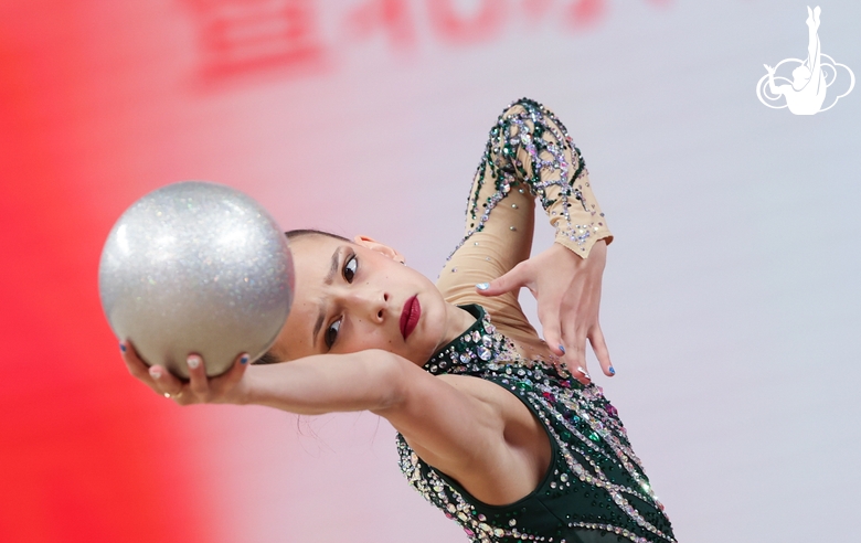 A gymnast during the ball exercise