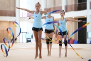 Gymnasts from the Khanty-Mansiysk Autonomous Okrug during an exercise with ribbons