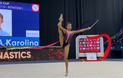 Karolina Tarasova performs with a ribbon at the Ojaq Cup tournament