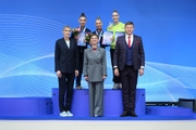Olympic champion Alina Kabaeva, TV presenter Dmitry Guberniev, and two-time Olympic bronze medalist in basketball Natalia Vodopyanova with the medalists of the Alina Kabaeva Grand Prix Champions Cup all-around