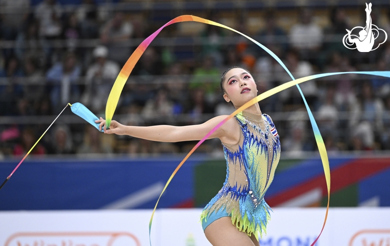 Gymnast during an exercise with a ribbon