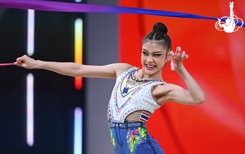 A gymnast during the ribbon exercise