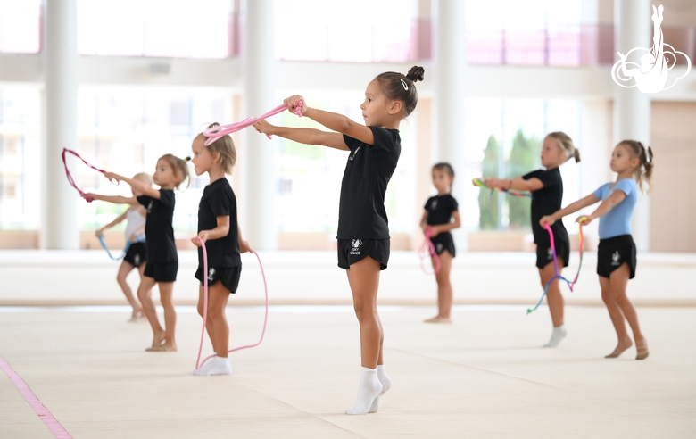 Young gymnasts during training