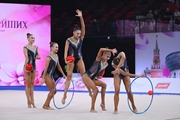 Group team gymnasts from the Ulyanovsk Region during an exercise with hoops and balls